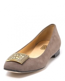 Pour La Victoire's soft suede flats echo the '60s with a vintage shape and bold front detail.