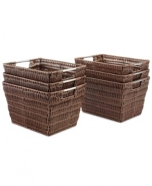 The natural order-bring definition to your space with this smart collection of storage baskets. Each basket adds an attractive accent to your space with a woven rattan-like plastic exterior, while also providing the durability, functionality and smart organization your busy home demands with a heavy-duty metal frame, stainless steel handles and an incredibly easy-to-clean design.