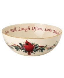 Begin a cherished holiday tradition with this sentimental Winter Greetings serving bowl. A red cardinal perched on ribbon-wrapped holly is fresh and lively on snowy white china. Friends & Family Gather Here adorns the bowl's interior. From Lenox's collection of serveware and serving dishes. Qualifies for Rebate