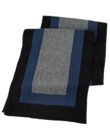 Color blocking that borders on greatness. A soft woven muffler from Tallia edged in thick bands of color.