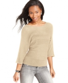 A toasty sweater that doesn't skimp on style, Dolled Up's three-quarter sleeve pullover features metallic threading and classic ribbed style.