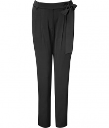 Extremely elegant and stylish trousers in black stretch silk - The perfect alternative to the classic suit pant - Wider cut at top with narrow tapering at legs - With decorative side bow at waist - Side pockets at hips - Pair with a blazer or wear solo with a silk top and strappy heels