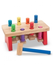 The pegs on the bench go up and down, playing peekaboo on this solid wood pounding activity. Non-removable pegs take turns showing their smiles while your toddler has fun naming the colors and enjoys practicing fine motor skills.