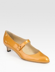 EXCLUSIVELY AT SAKS.COM. A demure heel lends vintage charm to this sleek Mary Jane style of classic patent leather.Stacked heel, 1¼ (30mm) Button strap Leather lining and sole Padded insole Made in Italy