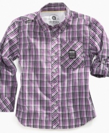 Check in. Fine plaid on this Akademiks button-up shirt gives his look a straight-forward style.