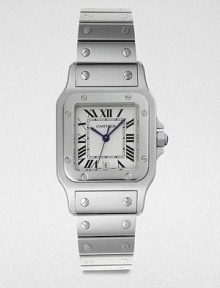 From the Santos de Cartier Collection. A modern rendition of one of the first ever wrist watches, this stainless steel timepiece is highly functional with an elegant and casual look. Quartz movementWater resistant to 3 ATMRectangular stainless steel case, 41.3mm (1.6) X 31.6mm (1.2)Screw accented bezelSilver grained dialRoman numeral hour markersDate display at 6 o'clockSecond hand Stainless steel link braceletMade in Switzerland 