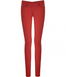 Skinny jeans in a fiery red modal-cotton blend - Classic five-pocket design features short zip fly and single-button closure - Flattering back pockets and subtle stretch create a sexy look - Pair with a silk blouse, over-sized cardigan and booties