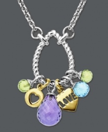 A new way to show your love, this lucky charm pendant says it all. Crafted in sterling silver, a textured ring features peridot (1-5/8 ct. t.w.), blue topaz (1-1/5 ct. t.w.), and amethyst (4-1/10 ct. t.w.) gemstones with 14k gold heart and love charms. Approximate length: 18 inches. Approximate drop: 8/10 inch.