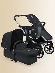 Convertible stroller can accommodate one child (mono), two children (duo) or twins; in three simple clicks.