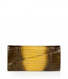 Invest in multi-season luxury with Nancy Gonzalezs sleek croco clutch, an ultra glamorous choice in pearly bronze and yellow - Flap with slit pocket and hidden magnetic closures, zippered pocket under flap, inside zippered back wall pocket, soft brown suede lining - Carry as a finish to chic evening looks