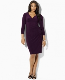 Shirring at one side of this plus size dress from Lauren by Ralph Lauren creates a sleek, flattering silhouette, rendered in smooth matte jersey for a look of smart sophistication.