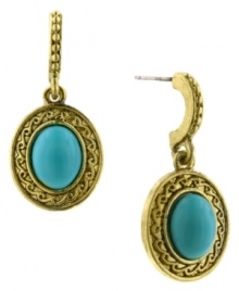 Tap into turquoise in these 2028 earrings. A gorgeous turquoise-hued acrylic cabochon stone is complemented perfectly by an oval gold-tone frame with intricate detailing. Approximate drop: 1 inch.