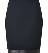 Finish your tailored look on a sleek modern note with Akris jet black leather trimmed wool skirt, cut to perfection with just the right amount of stretch for an ultra flattering fit - Hidden back zip, inside button closure - Fitted - Pair with minimalist separates and statement accessories