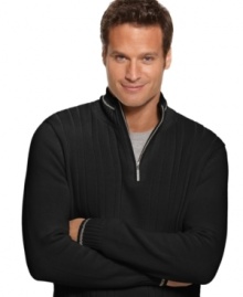 This sweater from Geoffrey Beene feels as comfortable as it looks. The fleece collar and quarter zip closure also provide increased warmth around your neck and chest area, while the inconspicuousness of the ribbing at the edges of the sleeves and neck of the sweater give the garment an unusual and eye-pleasing appearance.