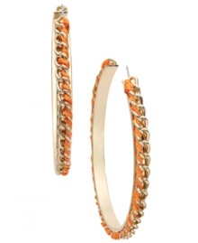 Add a pop of color to a traditional pair of hoops. Bar III's bold orange style features a woven ribbon set in gold-plated mixed metal. Approximate diameter: 2 inches.