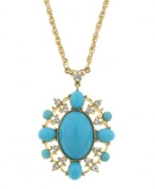 This season is all about stand out accessories. 2028's dramatic pendant sits on a trendy long chain and brings a pop of color with turquoise acrylic and clear glass accents. Set in gold tone mixed metal. Approximate length: 28 inches. Approximate drop: 1-3/4 inches.