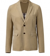 Stylish jacket in fine, honey-colored cotton from the traditional label Burberry - Features fashionable slim cut, narrow waist, with moderately deep lapels and two-button front - Perfect flap pockets and slit chest pocket - Versatile piece for the office or a party - Pair with a silk blouse and pencil skirt, or with a romantic silk dress and heels for a pretty, preppy look