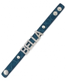 A beautiful sentiment. BCBGeneration's Bella affirmation bracelet is crafted from silver-tone mixed metal on a blue croco band to deliver a loving-and stylish-message. Approximate length: 8 inches.