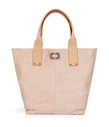 Chic handbag in fine, pure nude snake embossed leather - Practical tote style with two short, contrast beige handles - Open top and magnetic closure - Tonal topstitching, alloy hardware and logo plaque at center - Fully lined, with one zip and two open interior pockets - Height: 14 - Width: 15 - Diameter: 7 - Versatile and stylish, seamlessly transitions from work to weekend