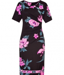 Power florals remain in full bloom, and Leonards black and pink printed silk dress elevates the trend to new levels of ladylike luxe - Slim cut, with flattering, asymmetric drape detail at waist - Short sleeves and round neck - Straight skirt hits at knee - Pair with ballet flats and a light cardigan by day, and style with a cropped leather jacket and strappy sandals by night