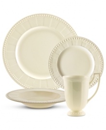 As sturdy as it is elegant, the Venice dinnerware set boasts traditional fluted and beaded accents in oven-to-table stoneware. Service for six with a soft vanilla glaze will complement virtually any setting.