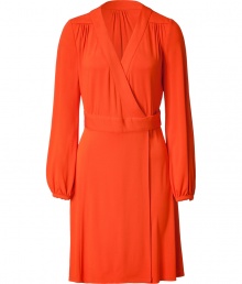 Stylish dress in fine, bright orange viscose stretch blend - Soft, ultra-flattering fabric drapes like a dream - Retro chic wrap style with deep v-neck and gently belled, long sleeves - Sash waist with two-button closure and decorative gather detail at shoulders - Slim skirt hits above knee - Elegant and polished, seamlessly transitions from work to cocktails - Pair with platform pumps or dressy sandals and a clutch or miniature shoulder bag