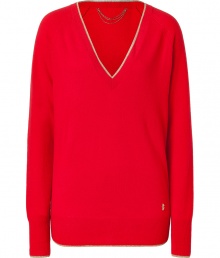 Classic meets contemporary-cool in Juicy Coutures super soft metallic-trimmed red V-neck cashmere pullover - V-neckline, long sleeves, embroidered logo, fine ribbed trim - Style with favorite skinnies, leggings, mini-skirts or cords