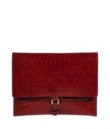 Streamlined and sophisticated in rich red embossed calf leather, Jil Sanders envelope clutch is an elegant way to incorporate color into your outfit - Buckled strap, front pocket, black lining - Carry as a pared down finish to modern-minimalist looks