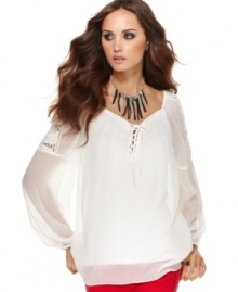 Crochet lace & crinkle chiffon fabric make this Andrew Charles peasant blouse a sweet topper to severe skinny jeans!