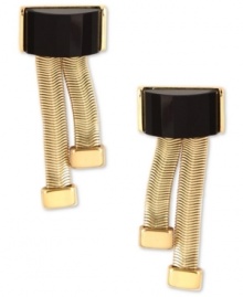 Standout with bold elegance from Anne Klein. These post earrings feature a double linear design and jet epoxy stones. Crafted in gold tone mixed metal. Approximate drop: 1 inch.