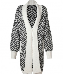 Ultra cozy with cool modern patterning, Rachel Zoes open cardigan is a contemporary choice for wearing both indoors and out - Open shawl collar, cream ribbed trim, front slit pockets - Long, oversized silhouette - Wear with everything from tees and jeans to feminine blouses, leggings and statement chunky leather belts