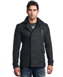 Short peacoat by Affliciton is edgy and trendy.