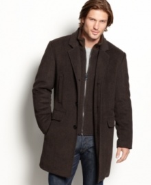 Add a refining touch to your cold-weather wear with this handsome herringbone coat from Marc New York.