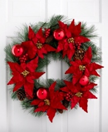 Welcome guests to your home with a wreath of bright red poinsettia and pine. Brilliant red ornaments add to the festive display, accenting a window or door with everlasting cheer.