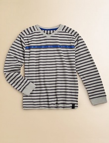 Whether on the playground or relaxing at home, he'll be comfortable in this striped long-sleeve tee made of pure cotton. Ribbed v-neckLong sleeves with ribbed cuffsCottonMachine washImported