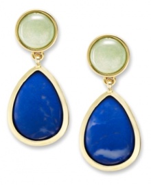 Much-needed splashes of color from Lauren Ralph Lauren. These standout double drop earrings feature genuine calcite lapis and amazonite beads. Clip-on backing for non-pierced ears. Set in 14k gold plated mixed metal. Approximate drop: 1 inch.