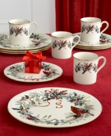 A colorful pattern inspired by joyous winter scenes lends your tabletop a festive cheer. Crafted of ivory fine china and accented with 24 karat gold. From Lenox's dinnerware and dishes collection.