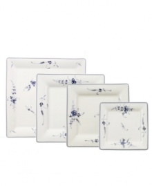 First introduced in 1768, the Vieux Luxembourg pattern is truly timeless. Dainty sprays of dark blue flowers adorn this creamy white collection for a charming tabletop that will captivate guests for years to come. Salad plate shown second from left.