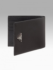 Nylon billfold with leather trim and signature triangle enamel logo. Double billfold w/eight credit card slots 4½W X 3¾H Made in Italy 