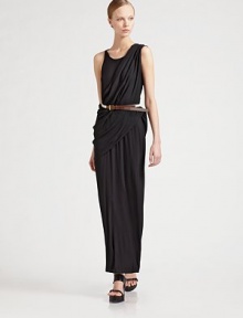 Draping makes all the difference for a floor-skimming style of slinky silk.Gathered sash detail across bodice Drape accent over hips Belt is included Back button-and-loop closure with keyhole detail High slit About 28 from waist to hem Silk; 96% viscose/4% elastane lining Dry clean Imported 