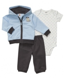 Put his print on comfy, casual style with this fun 3-piece bodysuit, jacket and pant set from Carter's.