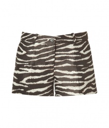 Show off your assets in style with these luxe zebra print shorts from Michael Kors - Mini length, zip with button closure, belt loops, off-seam pockets, back welt pockets with button, all-over zebra print- Style with a billowy blouse, platform sandals, and an oversized satchel