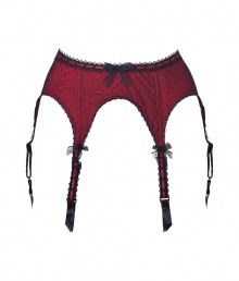 Get the sultry glamorous look of a vintage 1950s pin up girl in Von Follies by Dita Von Teeses black and luxury red spotted stretch mesh suspender belt - Sheer black hail spot mesh over luxury red front, scalloped lace trim, sheer mesh back, adjustable hook-and-eye closures, stitched satin and lace garter straps with clips - Wear with a fitted chemise and silk stockings for a seriously seductive look