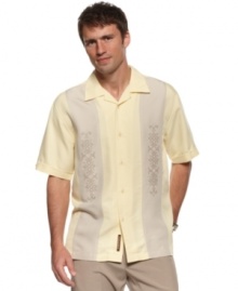 Take your wardrobe on an instant vacation with this breezy panel-front shirt from Cubavera.