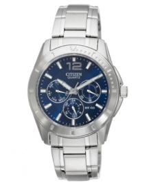 Deep blues take over the classic steel design of this handsome watch by Citizen.