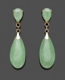 A look of cool serenity. Double teardrops of solid jade (8 mm x 11 mm) add a beautiful pale color palette to any look. Post setting crafted in 14k gold. Approximate drop: 1-1/4 inches.