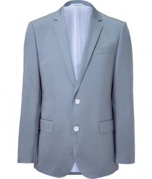 Elegant jacket in fine, pale grey linen and cotton blend - Soft, lighter weight material drapes beautifully - Single-breasted style with two-button closure and deep, narrow-cut lapels - Chest pocket and flap pockets at sides - Slim, slightly longer cut through the torso - Polished and classically cool, seamlessly transitions from day to evening - Pair with a button down or t-shirt and trousers or chinos