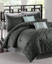 In a sleek, sophisticated fashion, this Garrison comforter set showcases an intricate geometric design in luxe faux-silk fabric for rich texture. Decorative pillows draw in a light blue color that coordinates back to corded trim upon the shams and comforter for a tied-together look.