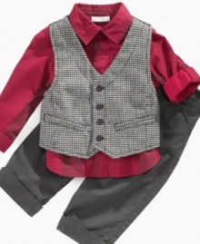 Dress him up for a night on the town in this adorable and charming 3 piece vest, shirt, and pant set by First Impressions.