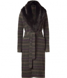 Luxurious knitted coat made from the finest cashmere and wool - Tremendously flattering and classy - Elegant in green and purple - Feminine slim and modern long cut - Glamorous fox fur collar - In an elegant fine-knit look, with pockets and a tie belt - An awesome alternative to a blazer or cape, suitable for day and evening - A hit with a pencil skirt, skinny pants and a midi skirt